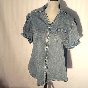 KANCY KOLE Womens Denim Shirts Button Down, Short Puff Sleeve, Lightweight, 2XL
